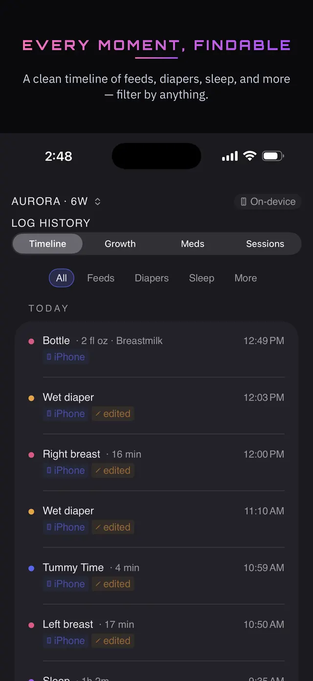 Every moment, findable — the timeline of feeds, diapers, sleep, and more