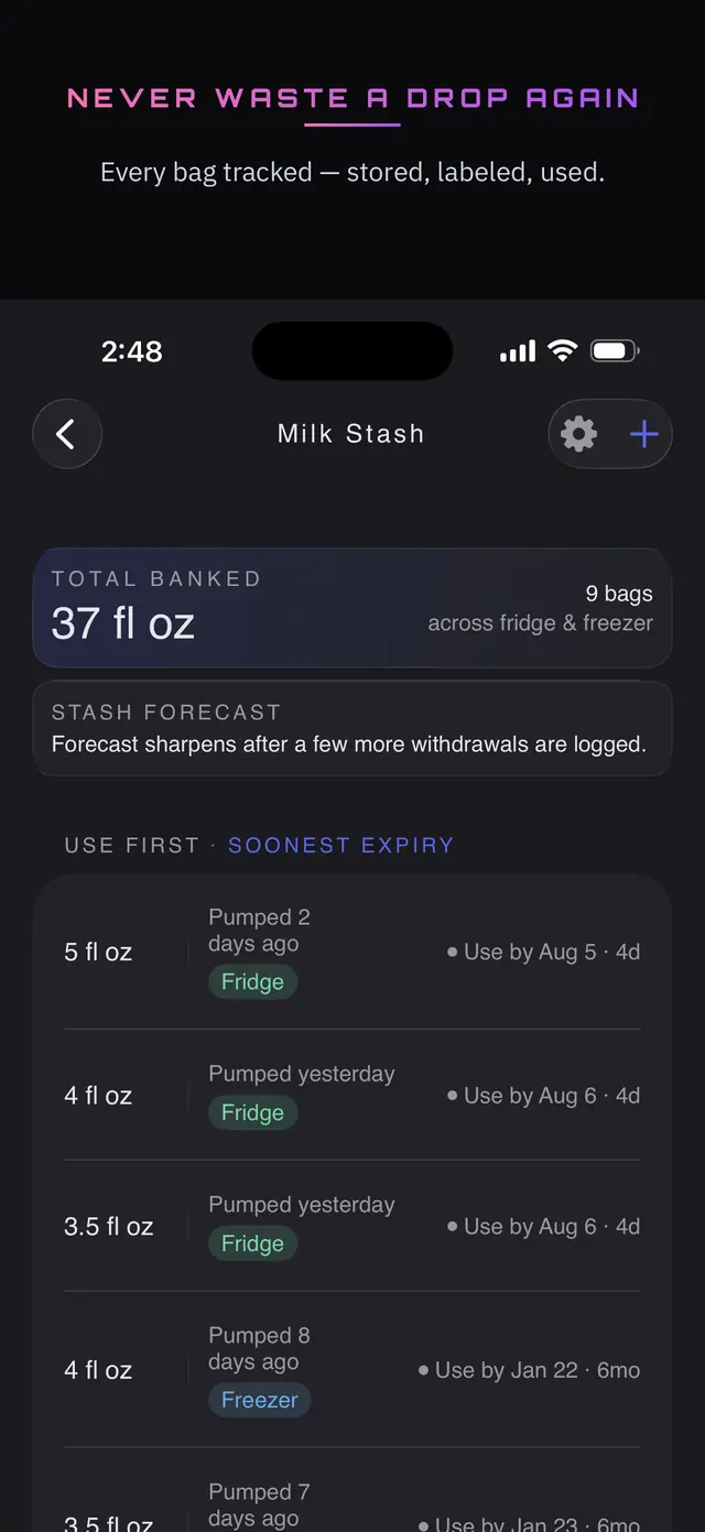 Never waste a drop again — the milk stash with use-first ordering and expiry dates