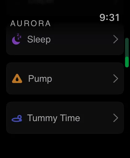 Apple Watch: Sleep, Pump, and Tummy Time quick actions