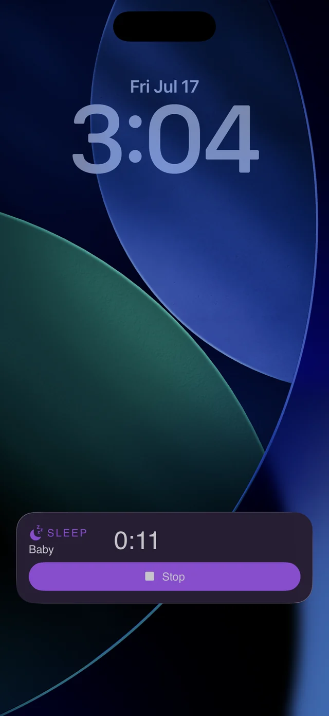 iPhone Lock Screen at 3:04 AM with a Lactis Live Activity showing a running sleep timer and a Stop button