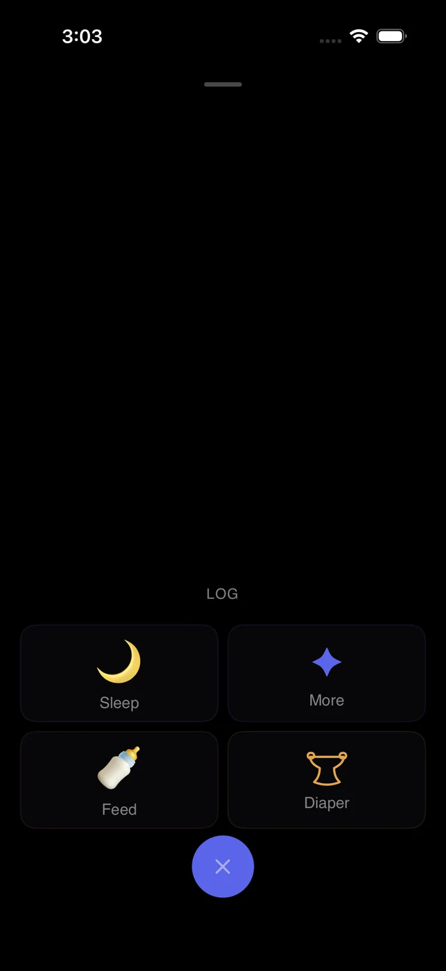 The quick-log menu: Sleep, Feed, Diaper, and More fanned around the plus button