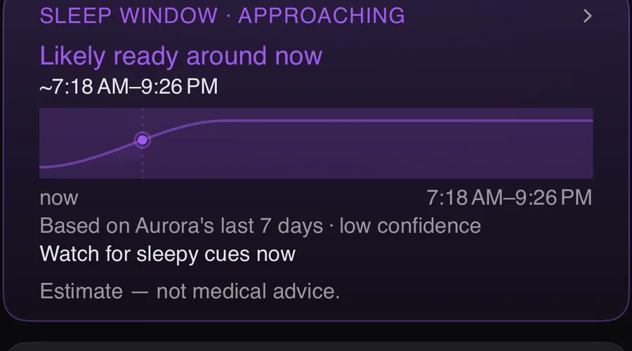 The dashboard's Sleep Window card: likely ready around now, with a confidence curve, 'watch for sleepy cues now', and 'estimate — not medical advice'