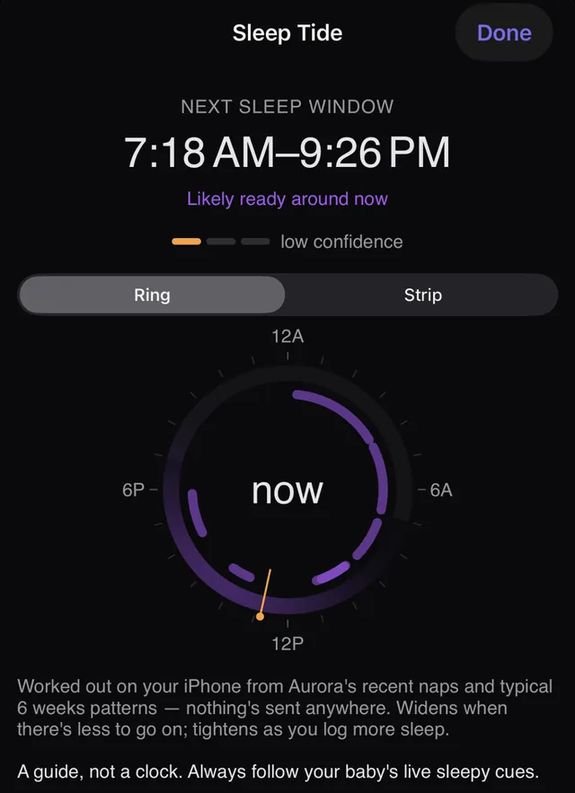 Sleep Tide's ring view: the next sleep window with a confidence readout on a 24-hour dial, worked out on your iPhone