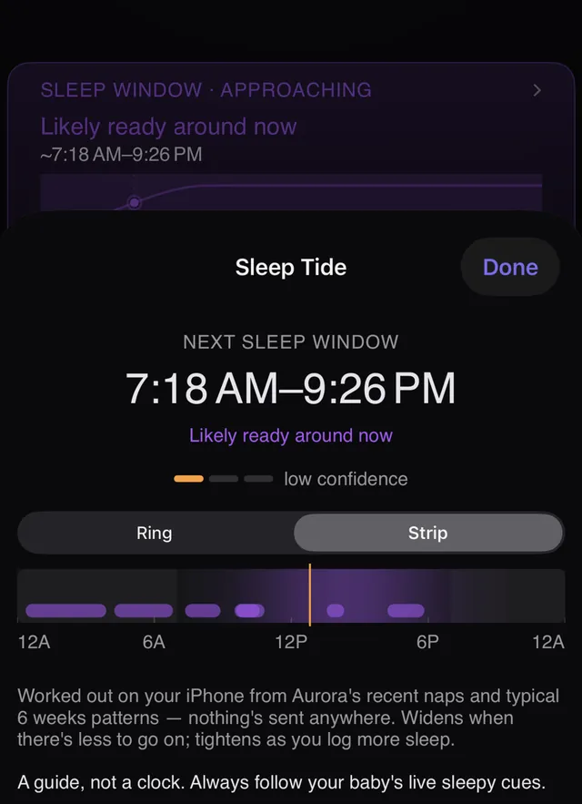 Sleep Tide's strip view: naps and the coming sleep window laid across a 24-hour timeline